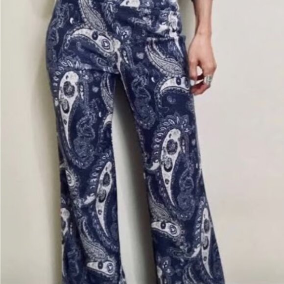 Anthropologie Maeve Maria Blue Paisley Wide Leg Metallic Boho Flare Pants - Picture 2 of 7
